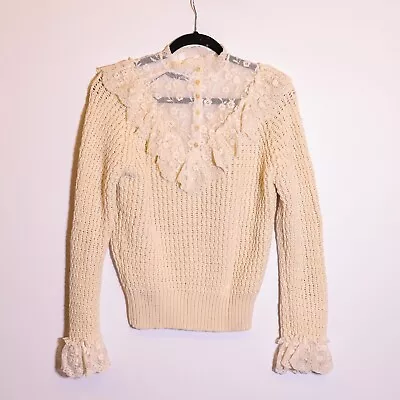NEW Zara Cotton Blend Knit Lace Applique Ruffle Victorian Pullover Sweater Ivory • $40.50
