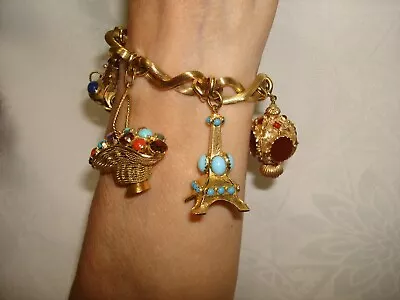 Vintage Beautiful Etruscan 18 Karat Yellow Gold Multi Gems Charm Fob Bracelet 7  • $11999.95