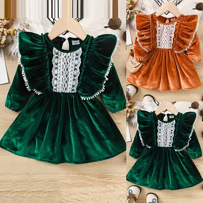 Baby Girls Velvet Ruffle Tutu Dress Kids Long Sleeve Solid Princess Party Dress • £1.89