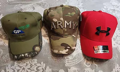 Lot Of 3 Men's Caps GP Mossy Oak Fits All/ Army Fits All/Under Armour L-XL • $35