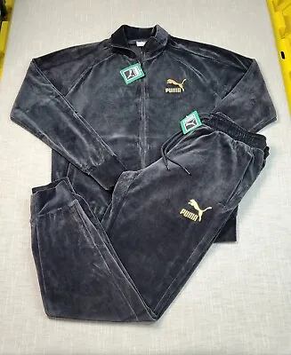 PUMA T7 Tracksuit Jacket & Pants Set Medium Mens Black Gold Velour Full Zip • $189.95