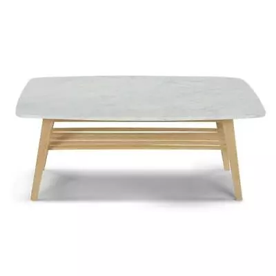 Bianco Collection Laura 43  Italian Marble Coffee Table In White With Oak Shelf • $407