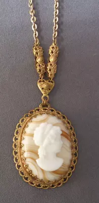 Vintage West Germany Cameo Pendant Necklace White Lady Profile On Art Glass • $24.99