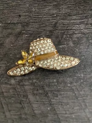 Vintage Ladies Hat Brooch Pin Signed MONET Gold Tone Metal Enamel Rhinestones  • $10