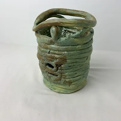 Brutalist Coil Art Pottery Green Brown Modernist Clay Vase Signed XJ • $59.99
