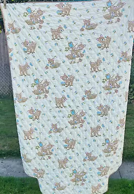 Vtg Baby Fawn Crib Quilt Made In USA Pastel Yellow Brown • $29.99