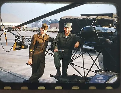 Vtg 1950s 35mm Slide - US Army Soldiers And Helicopter In Airfield • $9