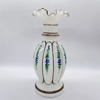 Milk Glass Ruffled Vase Handpainted Gold Accent Blue Floral 8 1/2  Green #79 • $24.99