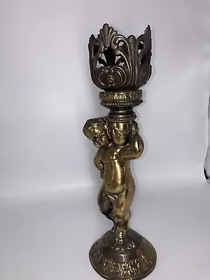 Vintage Brass Cast Cherub Candleholder 13.5” Heavy  • $40