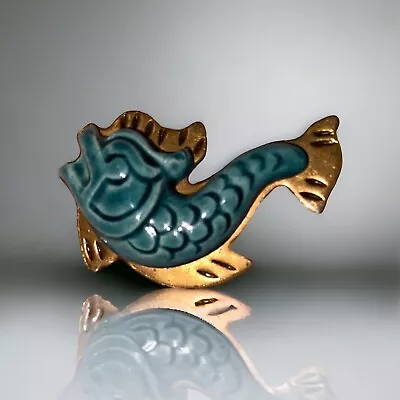 BEAUTIFUL Vintage Elzac Ceramic Copper Koi Fish Brooch 1940’s Lapel Pin Teal 660 • $32.95