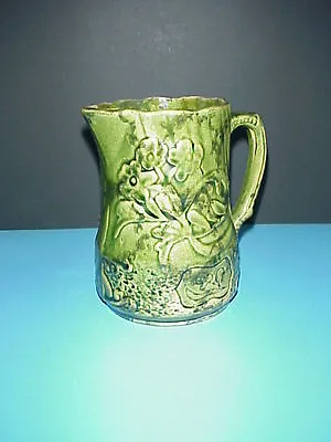 Antique Majolica Green Pitcher Floral Pansy Raised Design • $125
