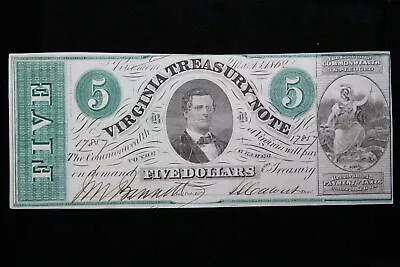 Virginia Treasury Note $5 VA-Cr-13 State Seal At Right March 13 1862 CU 395L • $148.50