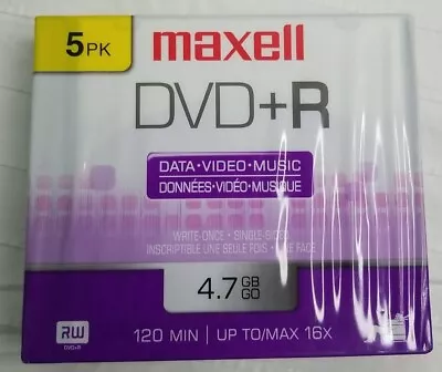 Maxell Recordable DVD 5 PK DVD+R 4.7GB 16X 120 Min. With Jewel Cases NEW • $9.90