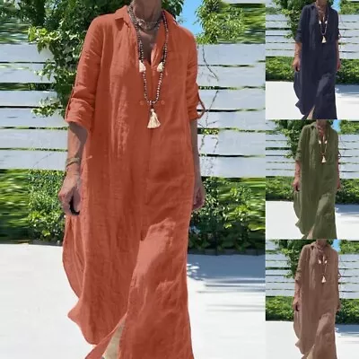 Women Linen Shirt Maxi Kaftan Baggy Dress Casual Long Tunic Tops Plus Size 6-20 • £15.69