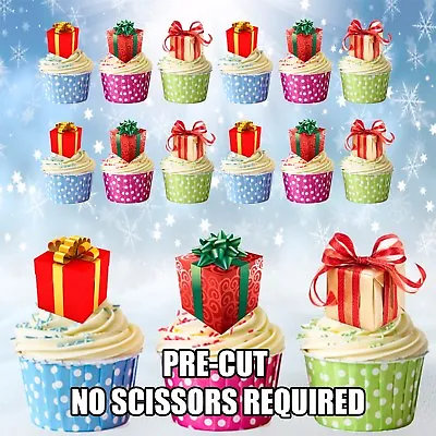 PRECUT Christmas Gifts /  Presents 12 Edible Cupcake Toppers Cake Decorations • £3.99