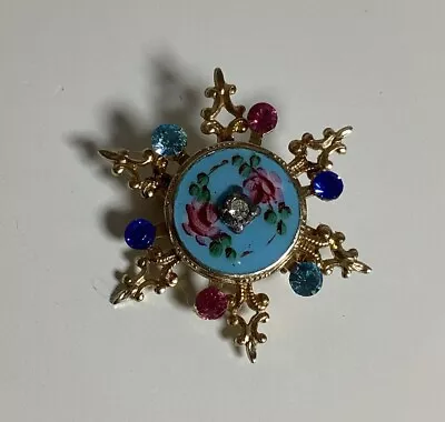 Vintage Gold Tone Guilloche Rhinestone Pearl Rose Brooch Pin - Starburst Design • $14.99