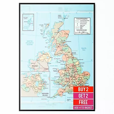 Uk Map Great Britain England Wales Educational Poster Wall Art A5-a3 • £4.99