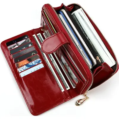 LARGE Womens Ladies Leather Look Wallet Zip Round Card Button Clutch Purse Bag • £6.99