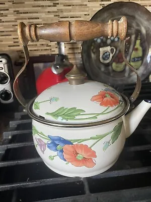 Villeroy & Boch Amapola Enamelware Tea Kettle Teapot W/ Wooden Handle - Vintage • $45