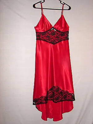 Victoria's Secret Silky Feel Gown Size M Red With Black Lace Nightgown Gold Tag • $99