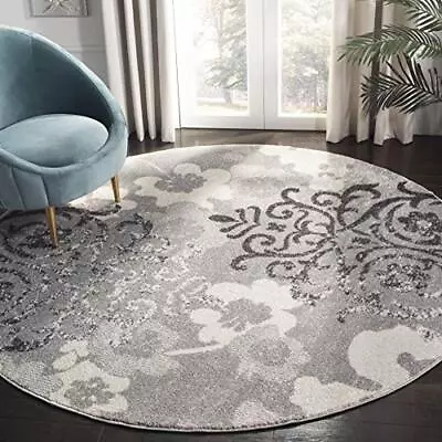 Adirondack Collection Area Rug - 8' Round Silver & Ivory Floral Glam Damask... • $153.66