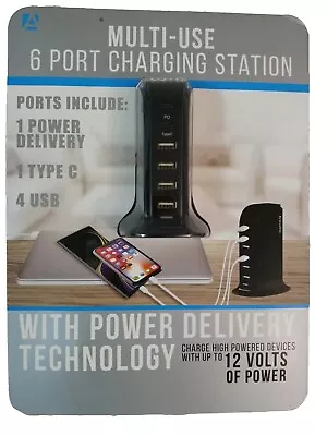 Aduro Multi-Use USB 6 Port Charging Tower Station Power 1 Type C 4 USB Black • $14.25