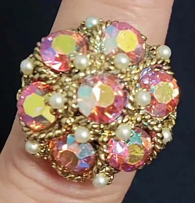 Vintage Pink Aurora Borealis Adjustable Goldtone Ring Mini Pearls • $24