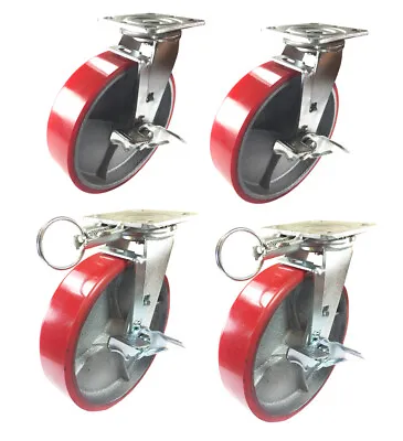 4 Casters Set 8  X 2  Swivel Lock Polyurethane On Cast Iron Wheels No Mark Red • $129.86