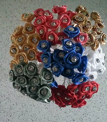 £3.25 • Buy 12 Diamante / Diamonte Ribbon Rose Wired Favour Flowers - Choice Of 21 Colours 