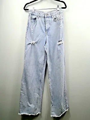 Zara Jeans Womens SIZE 4 Blue Light Wash Hi Rise Wide Leg Distressed Raw Hem • $13.07