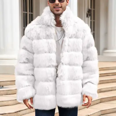 Men Faux Fur Coat Fluffy Fur Collar Winter Thicken Warm Overcoat Furry Jackets • $121.48