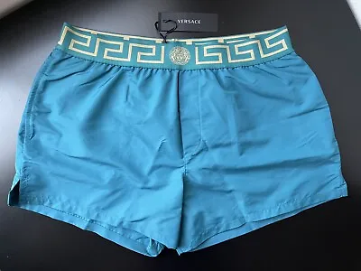 NWT Versace Mens Greca Border Swim Trunks Shorts Teal Blue Green Size 5 Medium • $189.99