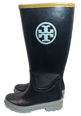 TORY BURCH Womens Size 6 M Black Logo Tall Calf Rain Boots Work Rubber • $59.99