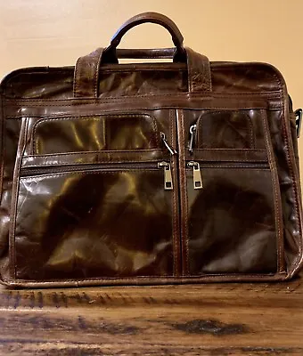 Leather Briefcase Laptop Shoulder Messenger Pockets Bag Travel Carry On Cognac • $150