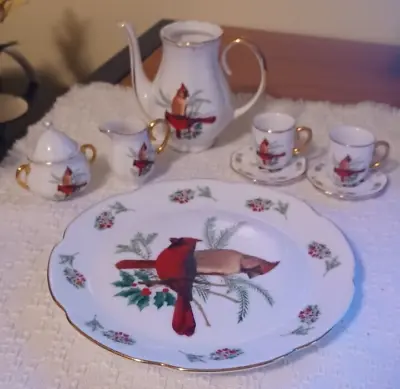Miniature Tea Set - Cardinal Bird Family - Gold Trim • $12.50