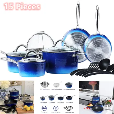 $99.99 • Buy 15 Pieces Hammered Cookware Set Nonstick Granite Coated Pots And Pans Sets Blue