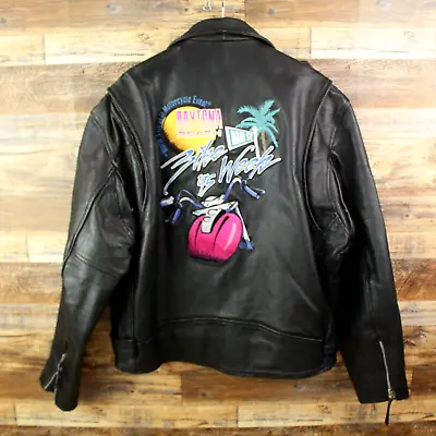 Vintage First Genuine Leather Mens Biker Jacket Size 46 Black Heavy • $349.99
