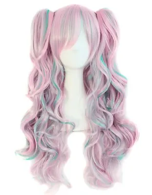 Multi-color Lolita Manga Long Curly Clip On Ponytails CosplayWig Pink/Blue • £9.99