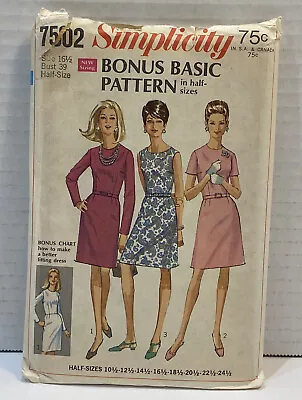 Vintage 1967 Simplicity Sewing Pattern #7502 Dress Size 16 1/2 Uncut FF • $8