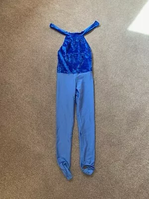 £10 • Buy Blue Halter Catsuit Stirrups Crushed Velvet Top Dance Costume Child Small Size 1