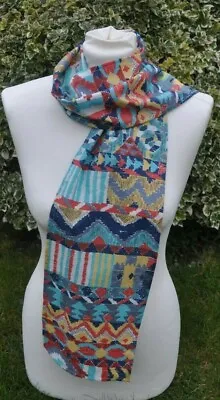 Long Scarf In Collier Campbell Cotton Abstract Red Blue Yellow Grey Aqua Ivory • £19.99