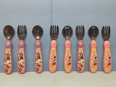 Walt Disney Mickey Mouse Silverware / Pink Red Baby Spoons & Forks Lot Of 8 • $14.77