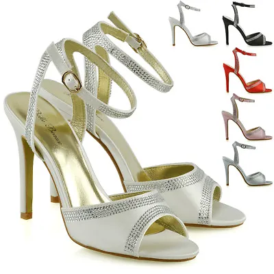 £18.99 • Buy Womens High Heel Sandals Ladies Diamante Bridal Ankle Strap Stilettos Shoes Size
