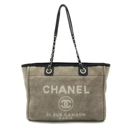 CHANEL CC Deauville Chian Shoulder Bag Tote MM Canvas Gray Black 240415T • $3340.04