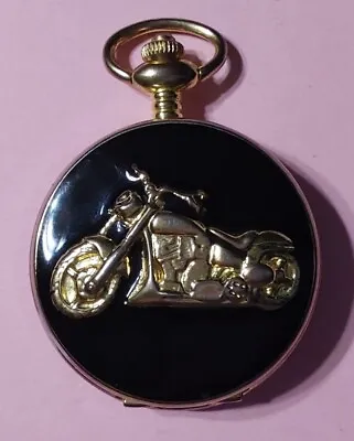 Gold Tone Black Enamel Motorcycle Pocket Watch • $7.99