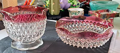 Indiana Glass Kings Crown Ruby Red Flash Bowl And Pedestal Bowl Diamond Point • $29.99