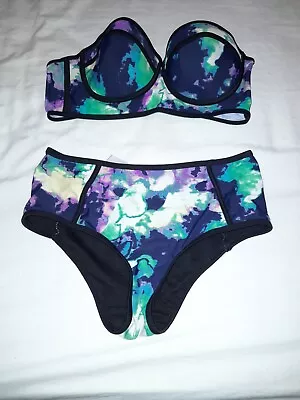 Ocean Club Bikini. Size 12. Bandeau Padded Top. Black With Multi Colours. BNWOT • £8.99