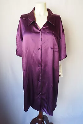 Vintage For Your Comfort Pure Silk Satin Shirt Sleep Dress Nightgown Purple L • $39.50