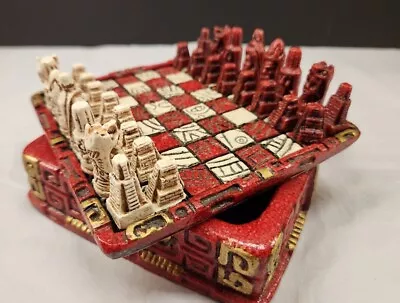 Red Cream Box Holder Small Chess Set Mayan Calendar Vintage Mexican Aztec Art • $49.95