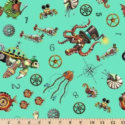 Aquatic Steampunkery Steampunk Toss 28392-Q Aqua Fabric By The Half Yard • $4.20